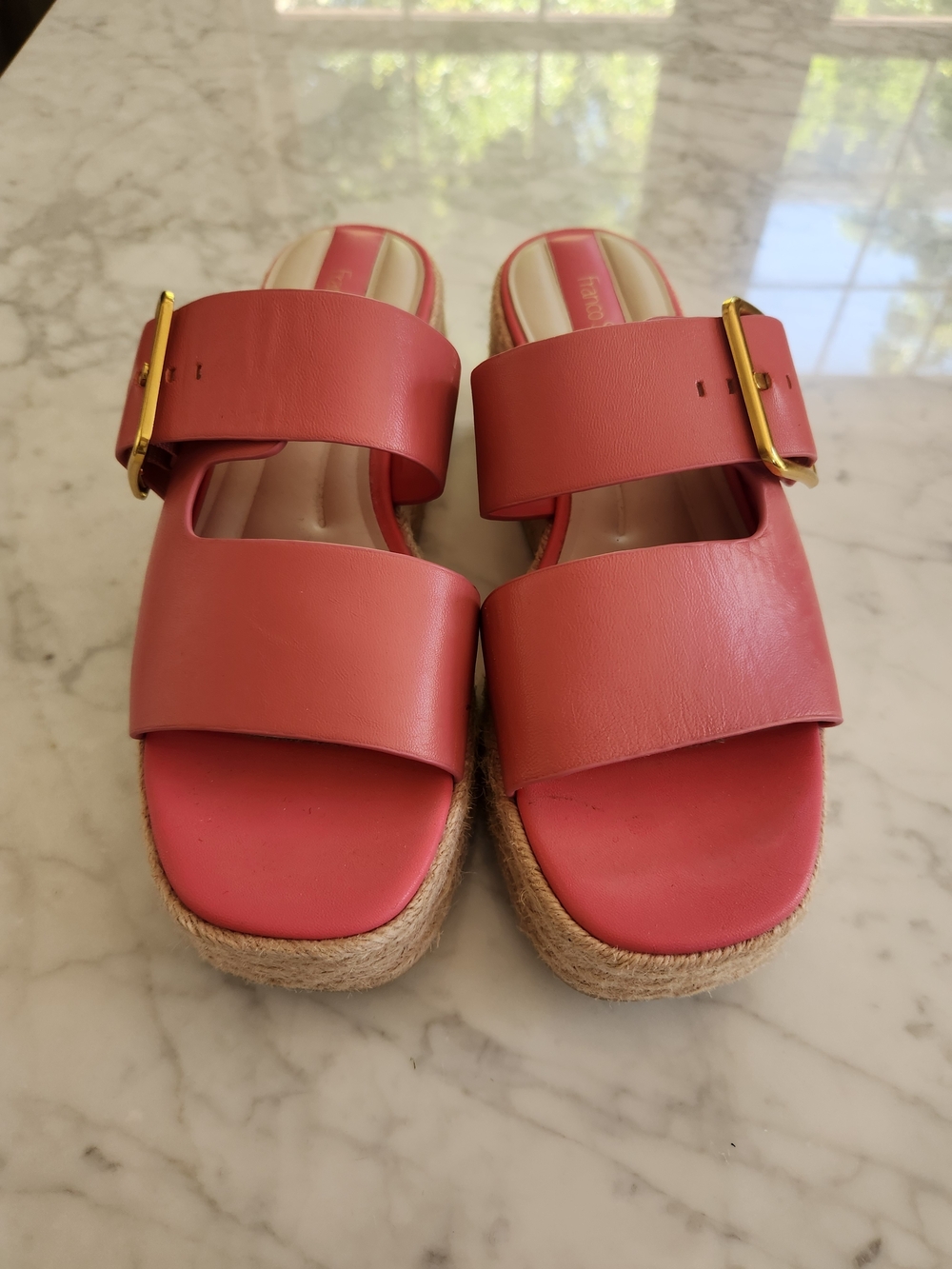 Franco Sarto Coral Slide Wedge Sandals with Gold Buckle, LIKE NEW.